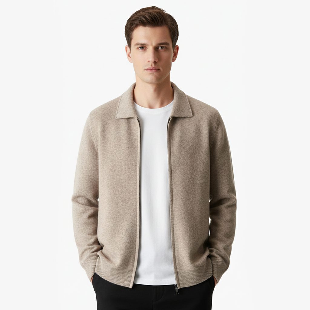 EXTRA-FINE MERINO WOOL ZIP POLO CARDIGAN