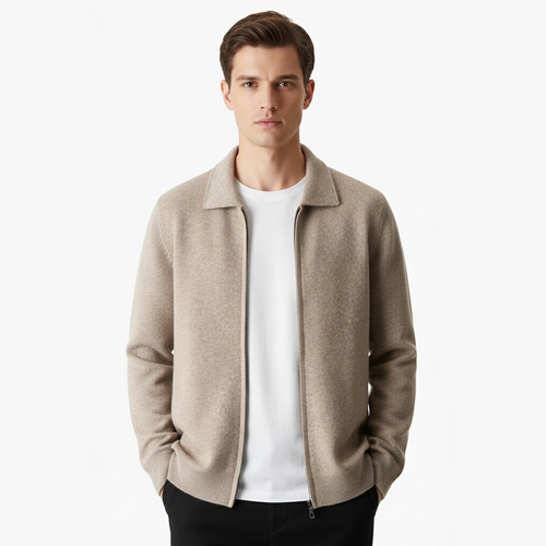EXTRA-FINE MERINO WOOL ZIP POLO CARDIGAN